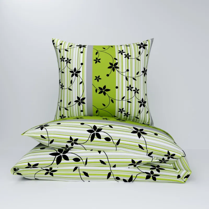 Oferta czasowa Pościel z kory 140x200 + poszewka 70x80 | szaro zielona | kwiaty na pasach | 057zie