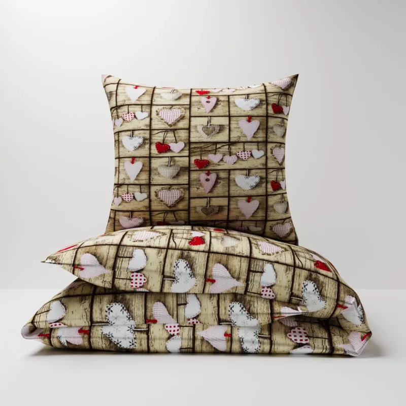 Pościel z kory 160x200 + poszewka 50x60 | brązowa | patchwork z sercami | 073bra Taniej