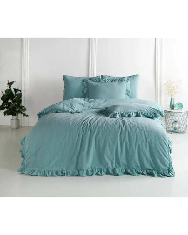 Taniej Pościel z falbanami 200x220 + 2x70x80 Stonewashed Mineral Blue Darymex