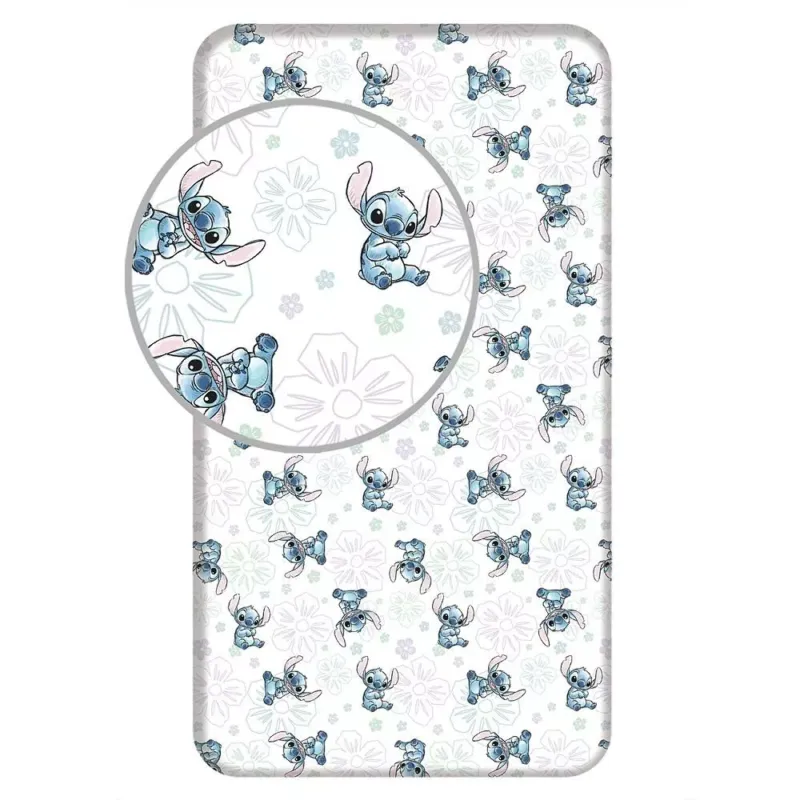 Super okazja Prześcieradło bawełniane z gumką 90x200 Lilo I Stitch Ohana białe niebieskie dla dzieci JF24